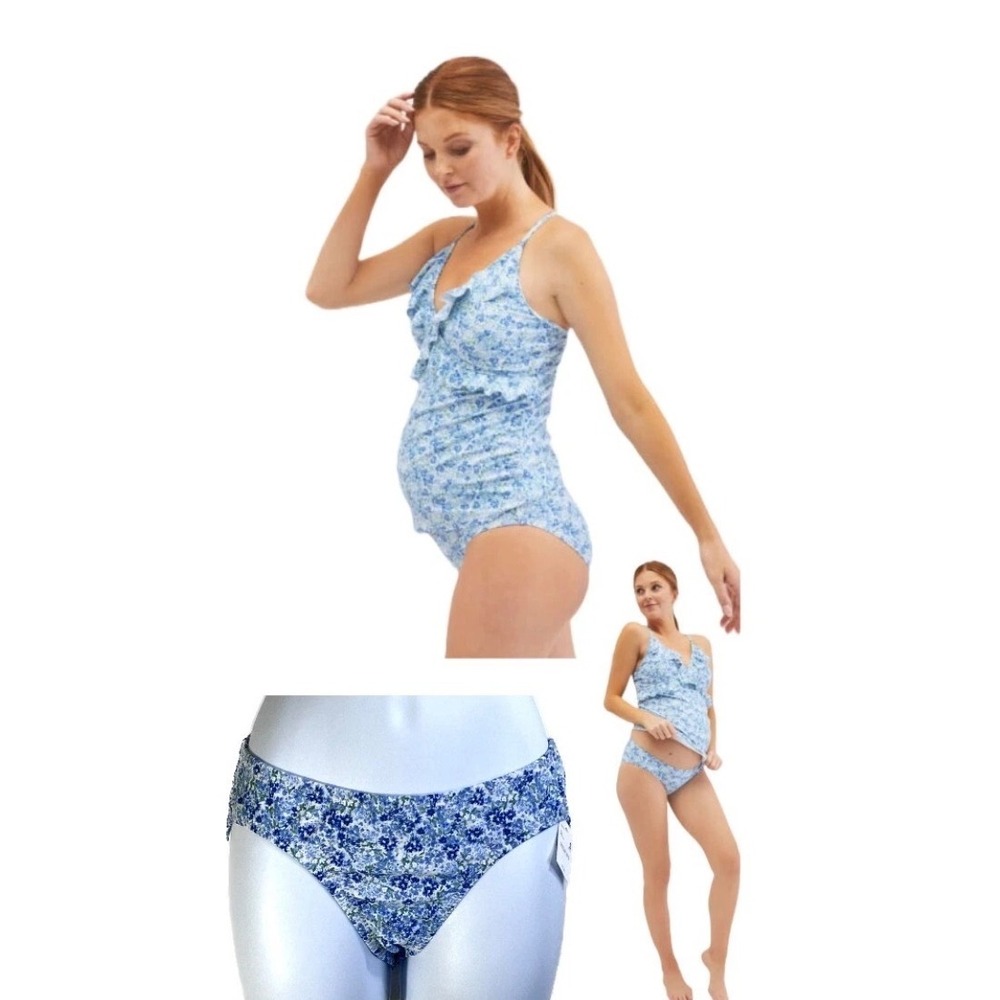 Beach Bump Motherhood Maternity Tankini Swimsuit Womens M Blue Floral Ruffle NEW